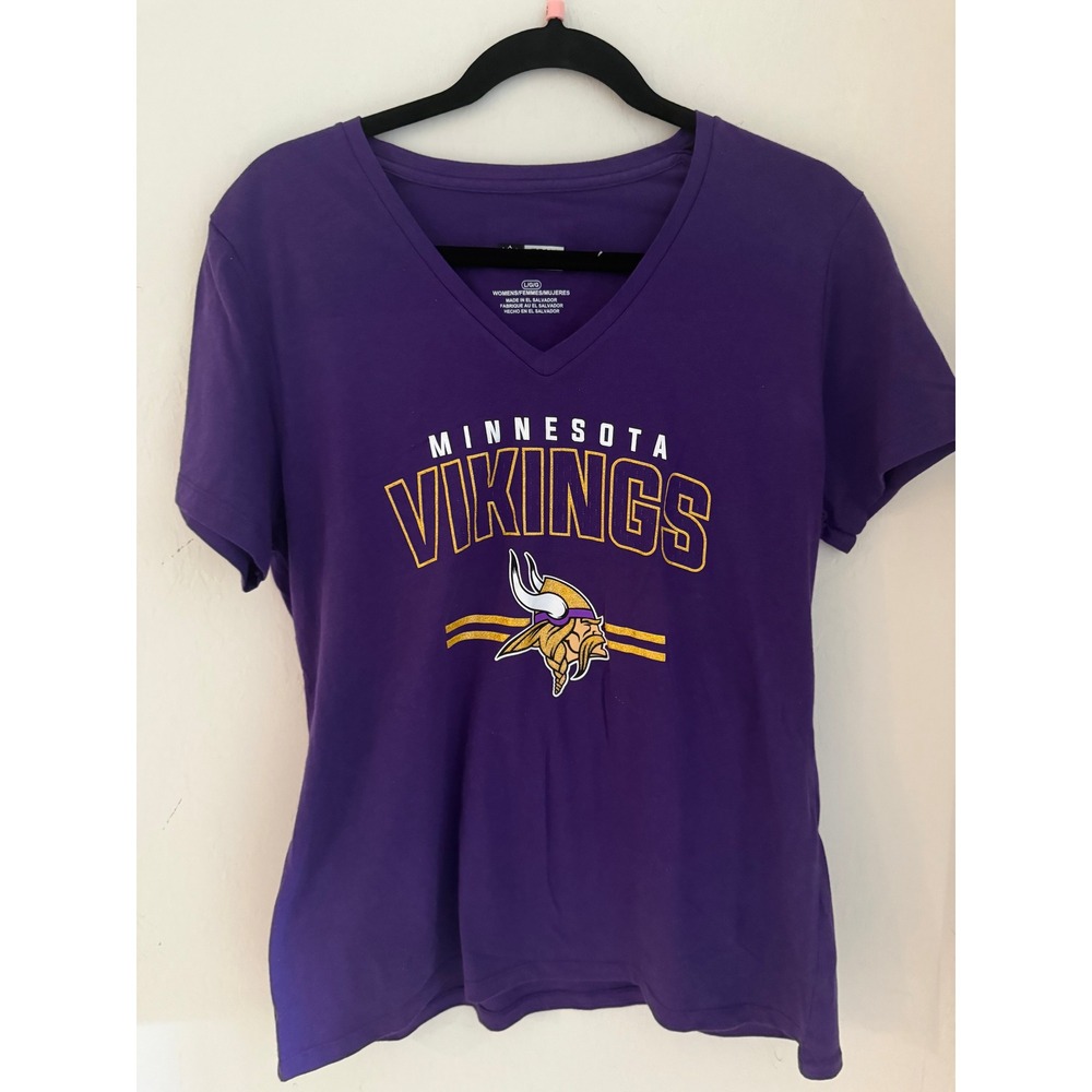 NFL Minnesota Vikings Women's V-Neck Graphic T-Shirt Glitter Logo Large-NWOT